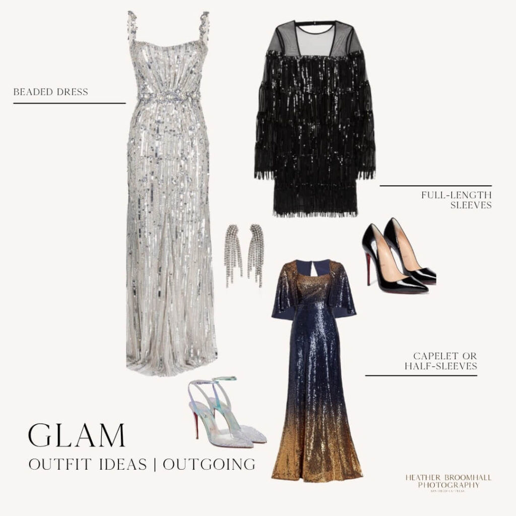 collage of glam outfit ideas for headshot photoshoots