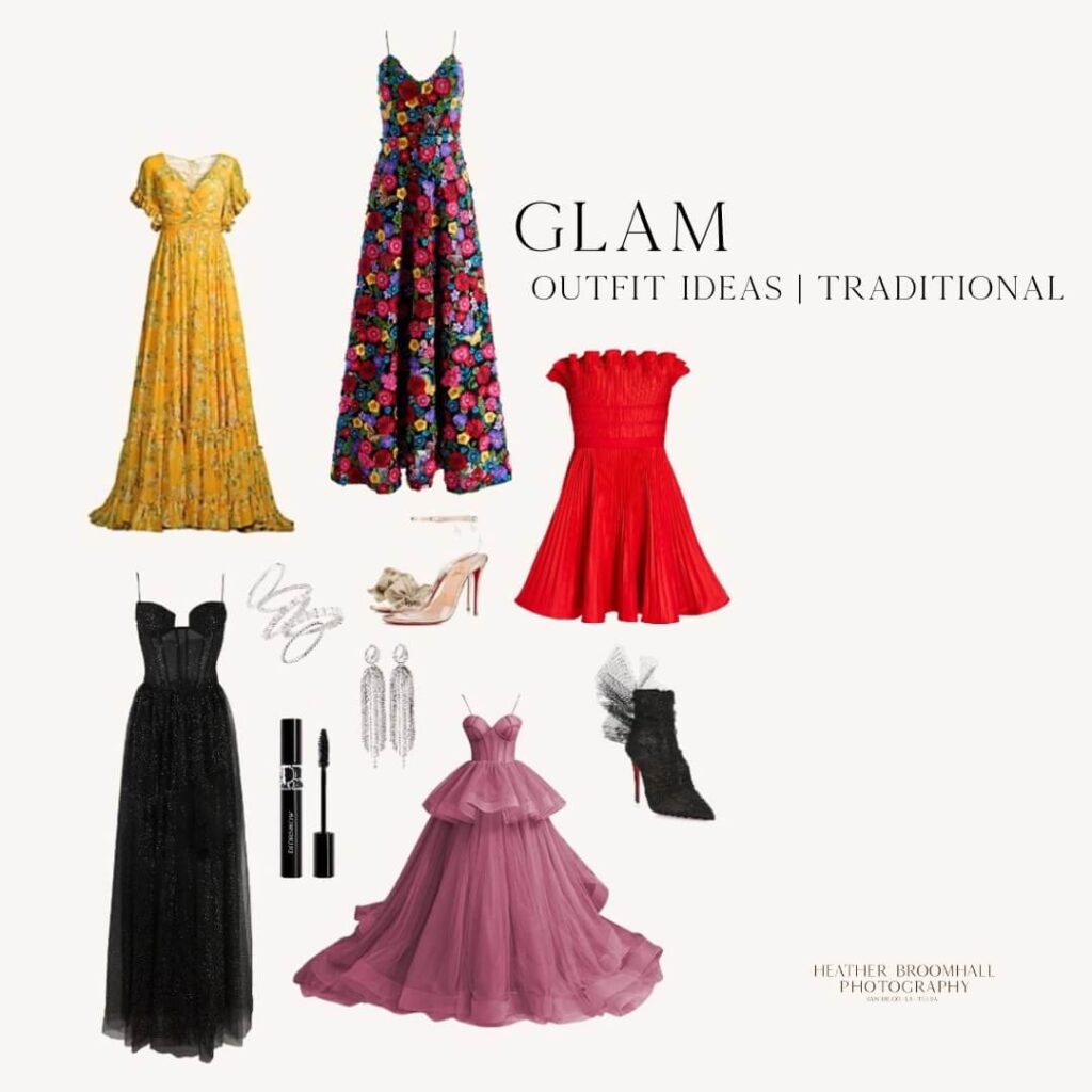 glam and traditional outfit ideas on a collage for headshot wardrobe ideas